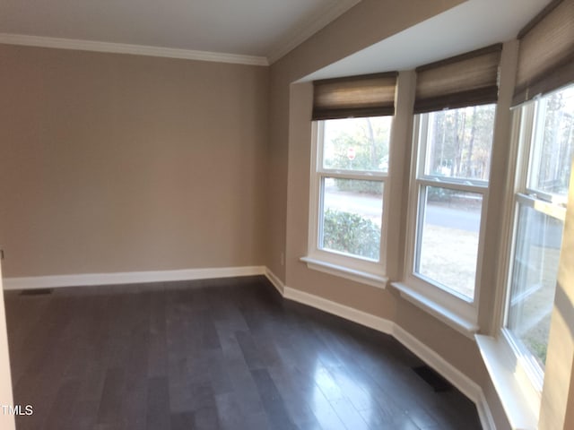 spare room with crown molding and dark wood-type flooring