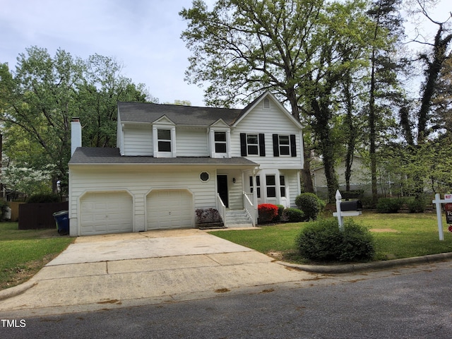 4300 Hickory Ridge Dr, Raleigh, NC 27609 - traditional home with concrete driveway, a front lawn, a garage, and a chimney
