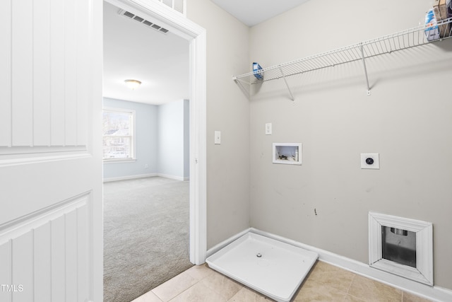 washroom featuring light carpet, hookup for a washing machine, and hookup for an electric dryer