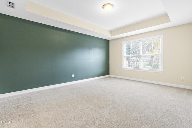 unfurnished room featuring carpet and a raised ceiling