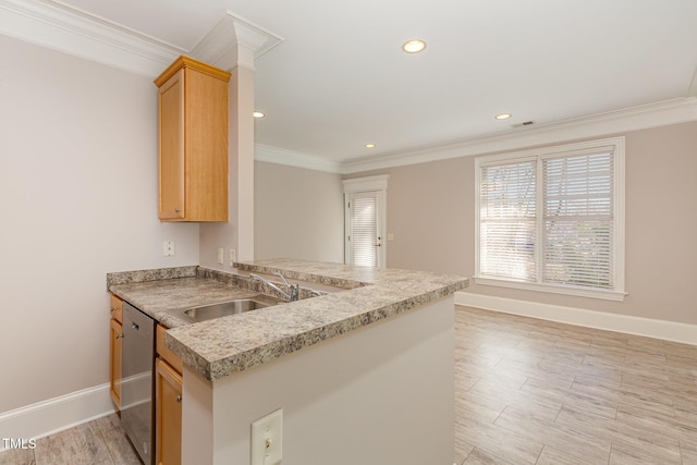 kitchen with kitchen peninsula, crown molding, dishwasher, and sink