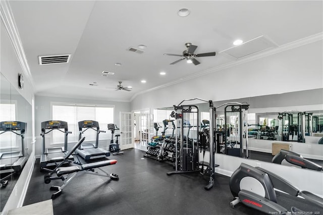 exercise room with ornamental molding, ceiling fan, and lofted ceiling