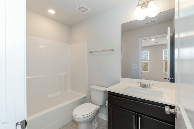 full bathroom featuring tile patterned floors, vanity,  shower combination, and toilet