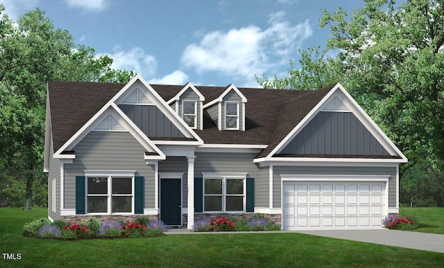 craftsman inspired home featuring board and batten siding, a front yard, a garage, stone siding, and driveway