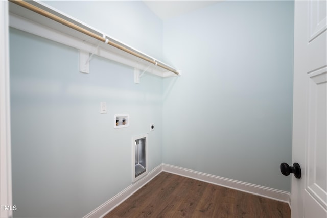 washroom featuring baseboards, dark wood finished floors, laundry area, hookup for a washing machine, and hookup for an electric dryer