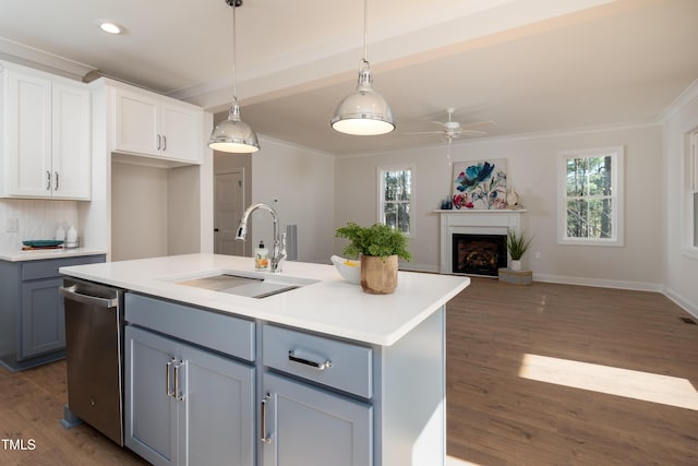 kitchen with stainless steel dishwasher, a healthy amount of sunlight, gray cabinets, and a sink