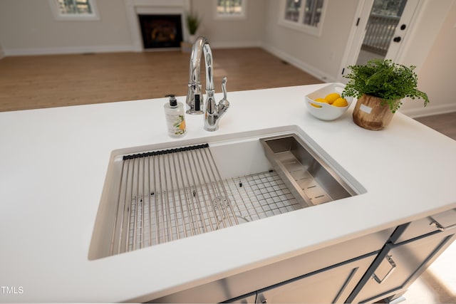 interior details featuring a fireplace, wood finished floors, light countertops, and a sink