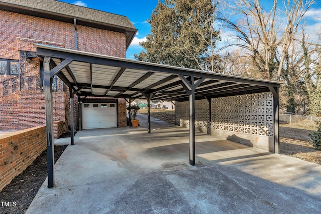 view of parking / parking lot with a garage and a carport