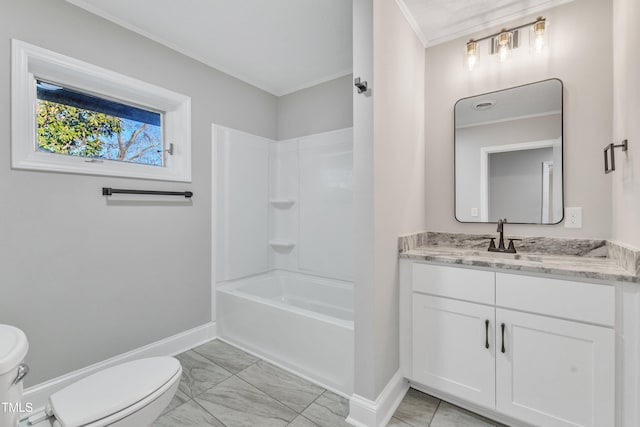 full bathroom featuring toilet, vanity, tub / shower combination, and crown molding