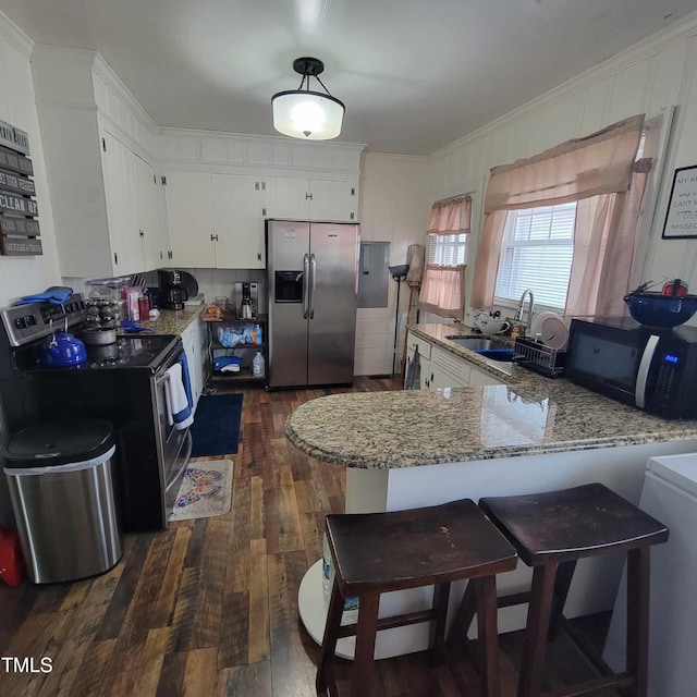 kitchen with stainless steel appliances, dark wood finished floors, a sink, and ornamental molding