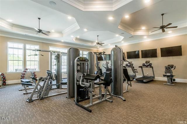 1009 Manorhaven Dr, Durham, NC 27703 - gym featuring a ceiling fan, crown molding, carpet floors, and recessed lighting