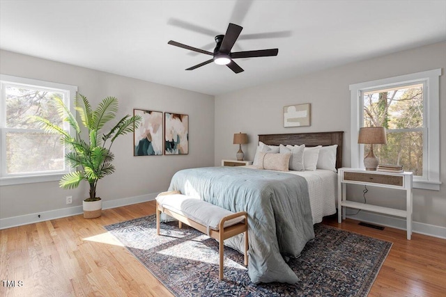 bedroom with ceiling fan and light hardwood / wood-style flooring