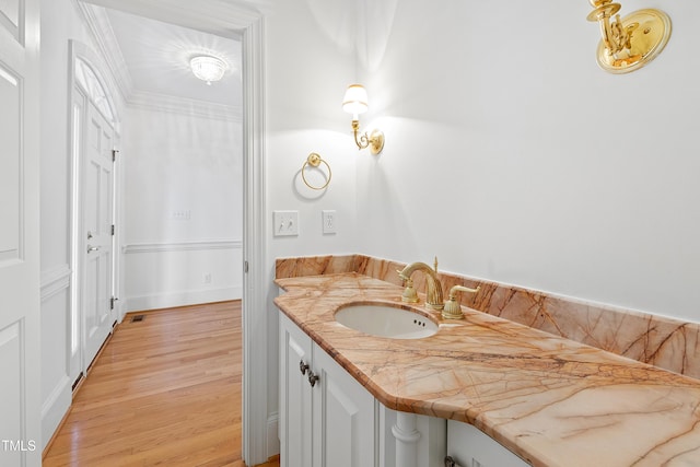 bathroom with wood-type flooring and vanity