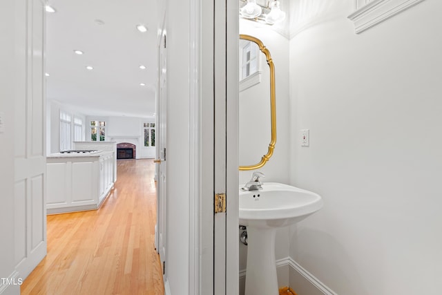 bathroom with hardwood / wood-style flooring