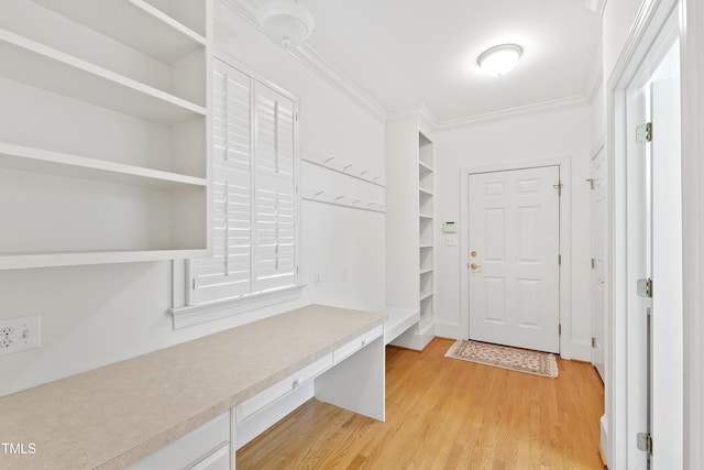 mudroom featuring light hardwood / wood-style floors and ornamental molding