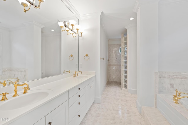 bathroom with plus walk in shower, vanity, and ornamental molding