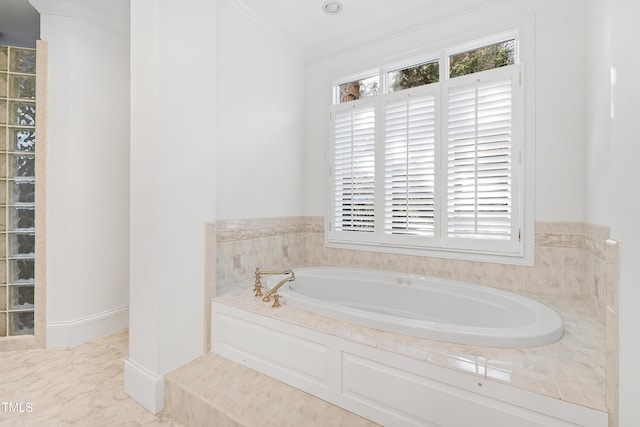 bathroom with a washtub and ornamental molding