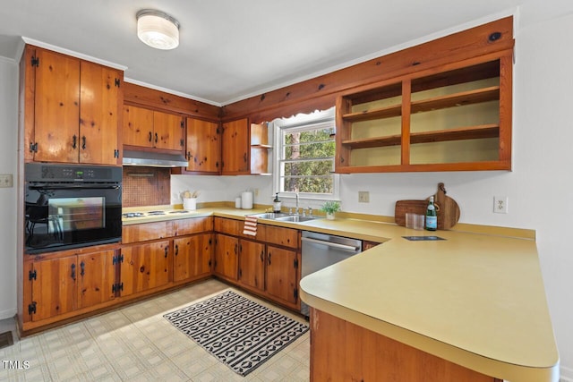 kitchen with open shelves, a sink, oven, light countertops, and under cabinet range hood