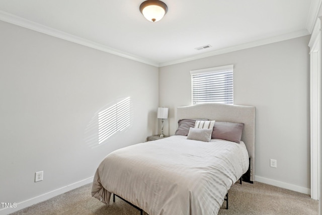 carpeted bedroom featuring crown molding