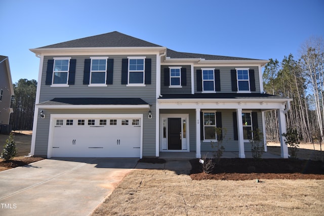 view of front of house with a porch, concrete driveway, and an attached garage