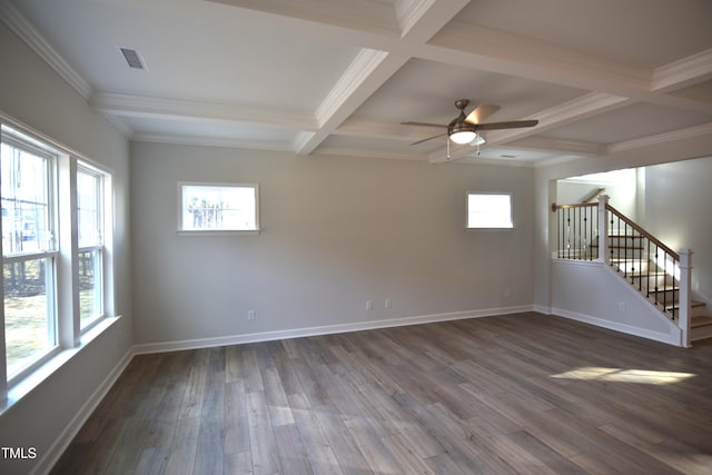 empty room featuring dark wood-type flooring, coffered ceiling, baseboards, and stairs