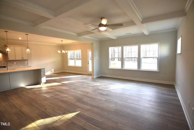 unfurnished living room with baseboards, coffered ceiling, dark wood-style flooring, beam ceiling, and ceiling fan with notable chandelier