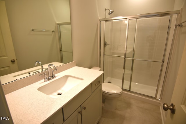 full bath with vanity, a stall shower, tile patterned flooring, and toilet