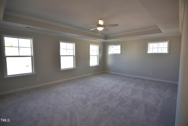 carpeted empty room with ornamental molding, a raised ceiling, a healthy amount of sunlight, and baseboards