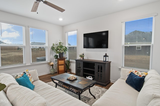 living room with ceiling fan and dark hardwood / wood-style flooring