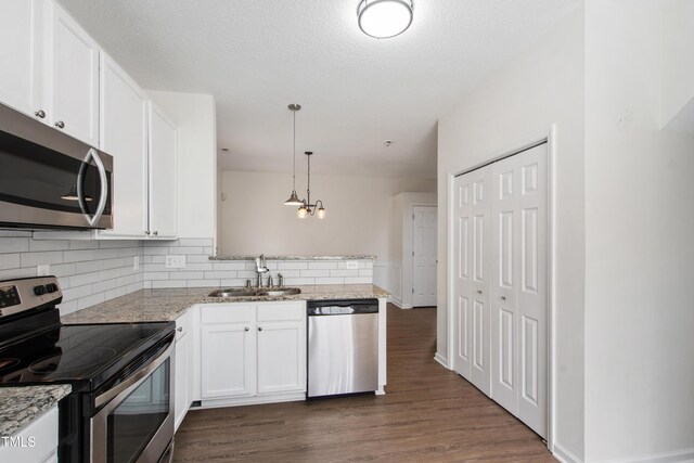 kitchen with appliances with stainless steel finishes, a sink, a peninsula, tasteful backsplash, and dark wood-style floors