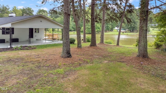 view of yard with a patio and a water view