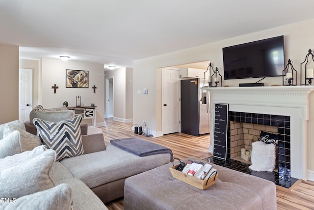 living room with a fireplace and hardwood / wood-style flooring