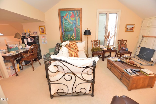 carpeted living room featuring lofted ceiling