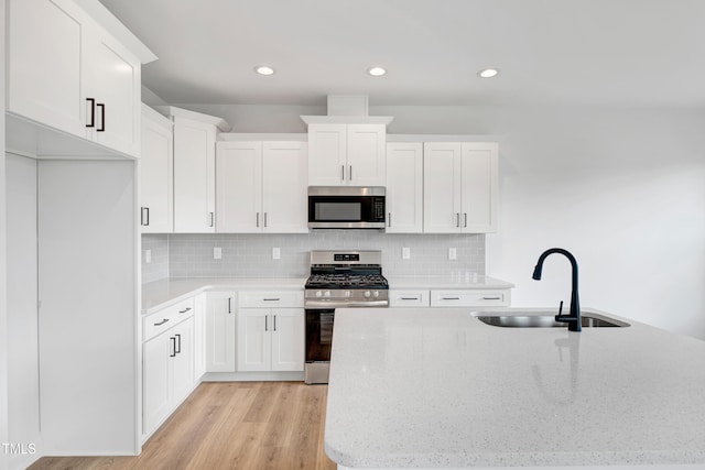kitchen with stainless steel appliances, a sink, white cabinetry, light wood-type flooring, and backsplash