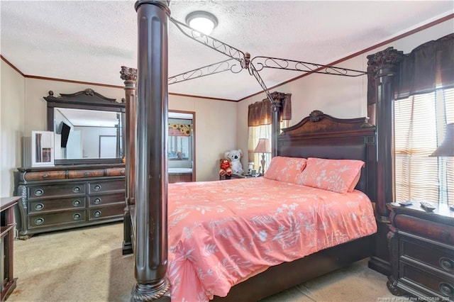 carpeted bedroom featuring a textured ceiling, multiple windows, and crown molding