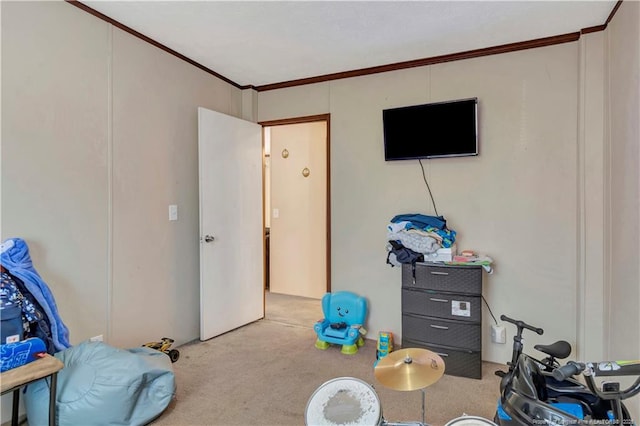 rec room featuring light colored carpet and crown molding