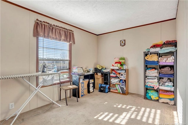 rec room featuring a textured ceiling, crown molding, and carpet flooring