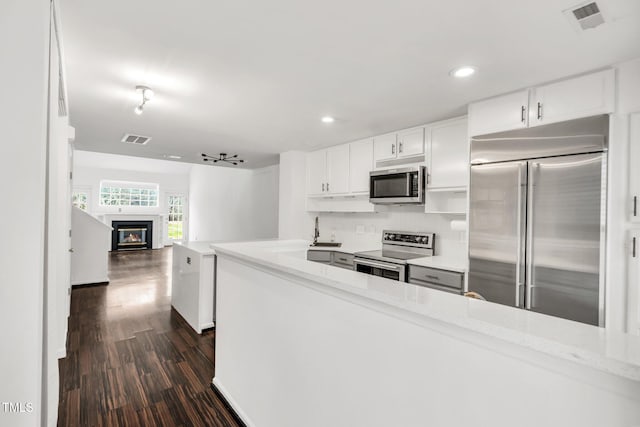 kitchen with sink, appliances with stainless steel finishes, white cabinetry, light stone counters, and dark wood-type flooring