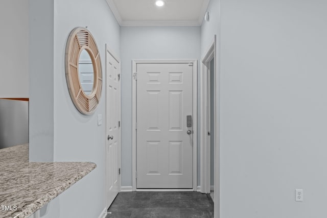 doorway featuring crown molding