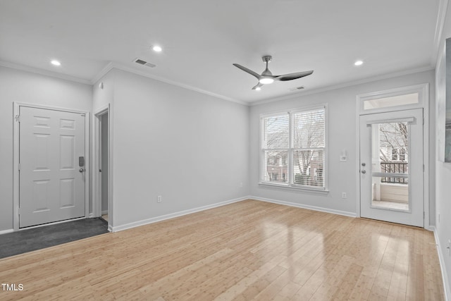 unfurnished living room with recessed lighting, visible vents, baseboards, ornamental molding, and light wood-type flooring