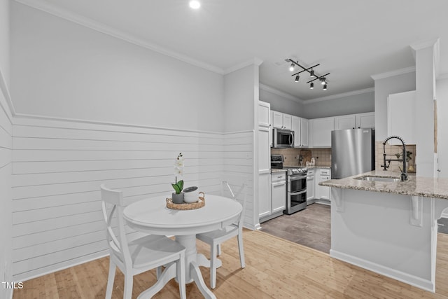 kitchen featuring light stone counters, stainless steel appliances, white cabinetry, a sink, and a peninsula