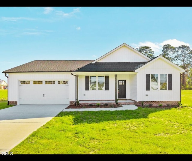 ranch-style home with a shingled roof, concrete driveway, crawl space, a garage, and a front lawn