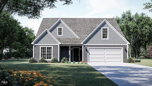 view of front of house featuring driveway, a front lawn, and an attached garage