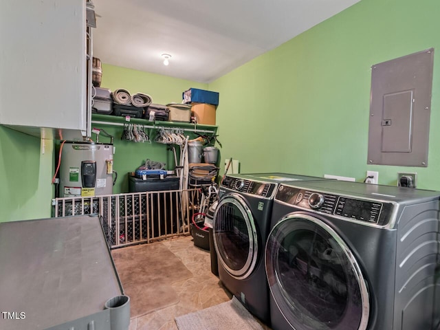 washroom with electric panel, washing machine and dryer, and water heater