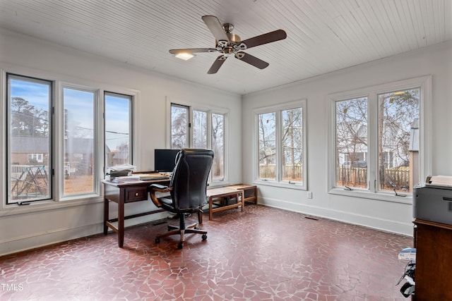 office featuring crown molding, ceiling fan, and wooden ceiling