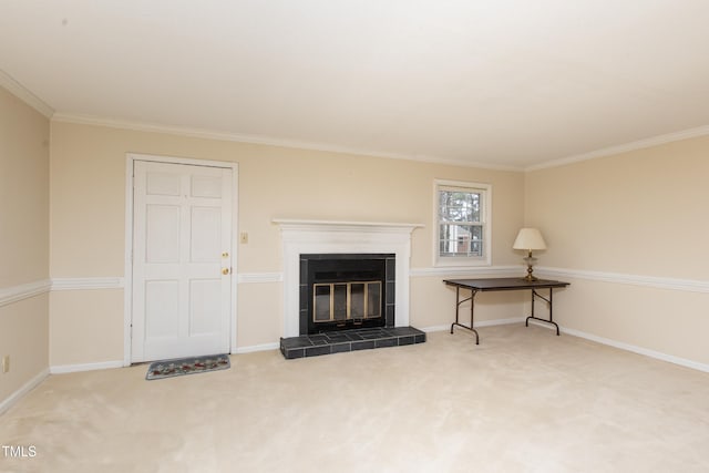 carpeted living room featuring a fireplace and ornamental molding