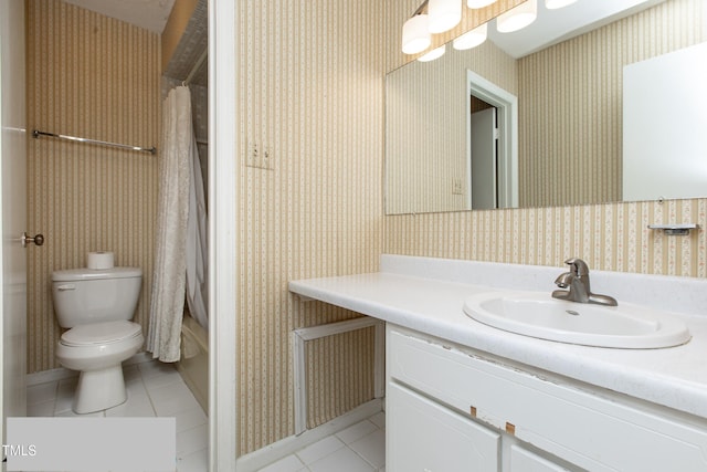 full bathroom with tile patterned flooring, vanity, toilet, and shower / bath combo with shower curtain