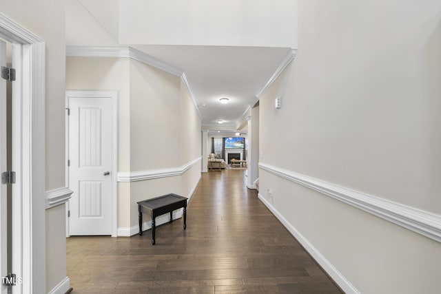 hallway with ornamental molding and dark hardwood / wood-style floors