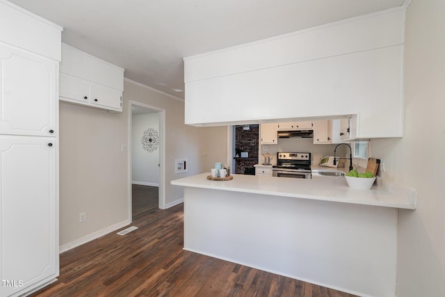 kitchen with electric range, sink, dark hardwood / wood-style floors, kitchen peninsula, and white cabinets