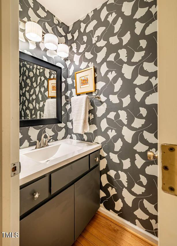 bathroom with wood-type flooring and vanity